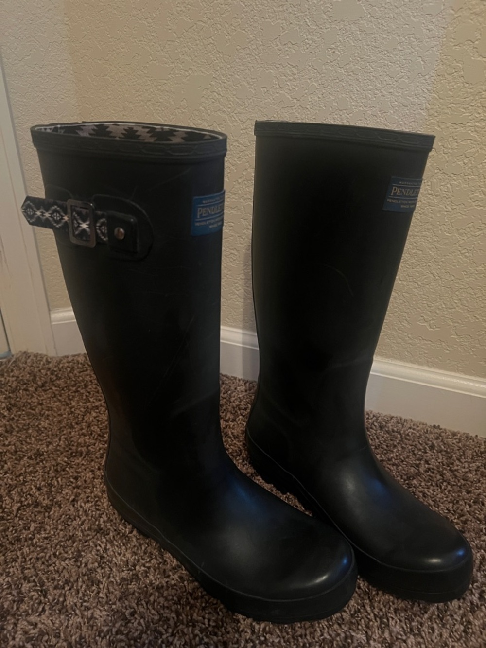 Pendleton Black Tall Rain Boots with Patterned Top Trim